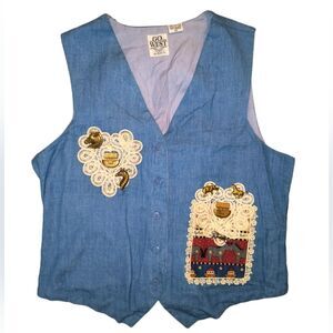 UNIQUE Art Wear Embellished Mixed Media Lace Brass Ark Button Chambray Vest L